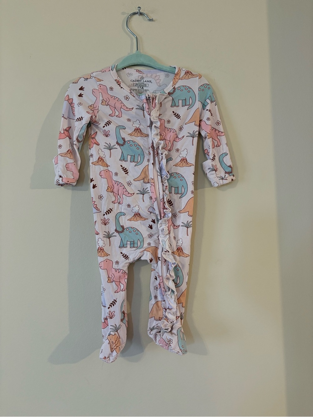 Caden Lane Pink & Teal Dino Ruffle Footed One-Piece 0-3M